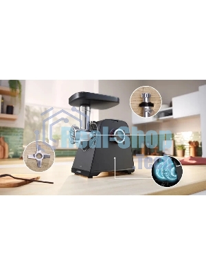 Мясорубка электрическая Bosch MFWS440B черный, 1900 Вт, 2.5 кг/мин, реверс, защита от перегрузки, насадки - 7