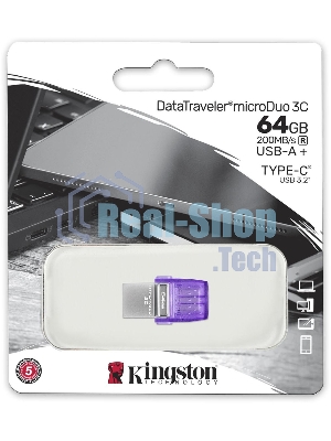 Флешка USB Kingston DataTraveler microDuo 3C (DTDUO3CG3/64Gb), 64Gb, USB 3.2 Gen 1/Type-C, R/W 200/15, фиолетовый
