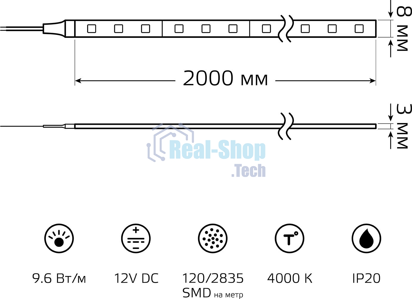 Лента светодиодная Basic Gauss 12V 9,6W/m 624lm/m 4000K IP20 LED 2m 1/100