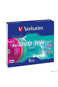 Диск DVD-RW Verbatim 4.7Gb 4x Slim case (5шт) Color (43563)