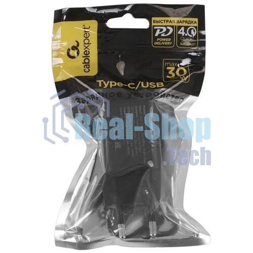 Зарядное устройство Cablexpert MP3A-PC-64, 30Вт GaN, 3А, QC4.0/PD, 1xUSB, 1xType-C, черный, пакет