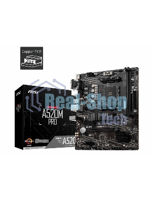 Материнская плата MSI A520M PRO, AM4, AMD A520, 2xDDR4, 4xSATA, 1xM.2, 1xPCIe 3.0 x16, 1xVGA, 1xDVI-D, 1xHDMI, 1x 1Gb LAN, 2xUSB 2.0, 4xUSB 3.2 Gen 1, 3x3.5 мм, 7.1, mATX