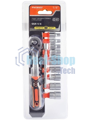 Набор торцовых головок PATRIOT SSR-1/4, CrV сталь, трещотка, удлинитель, 12 предм.Тороцовые головки 10 шт: 4,5,6,7,8,9,10,11,12,13 мм удлинитель 100мм 1шт трещотка 72 зуба 1 шт