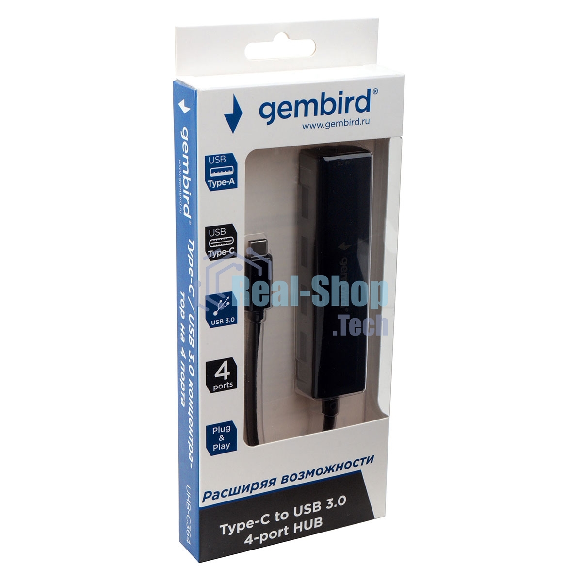 USB-концентратор USB 3.0 Gembird UHB-C364, 4 порта, Type-C, с доп питанием