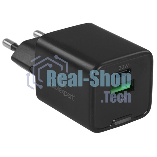 Зарядное устройство Cablexpert MP3A-PC-64, 30Вт GaN, 3А, QC4.0/PD, 1xUSB, 1xType-C, черный, пакет