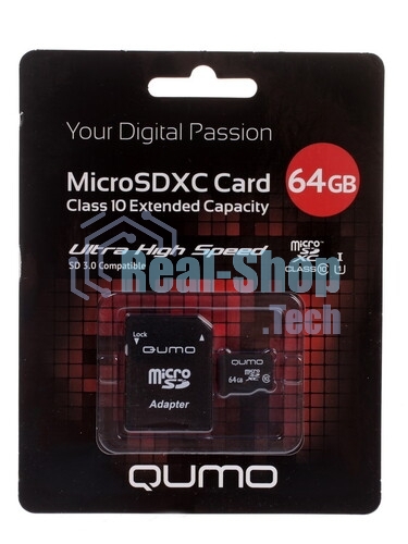 Флеш карта QUMO MicroSDXC 64Gb Class 10 UHS-I U3 черный adp
