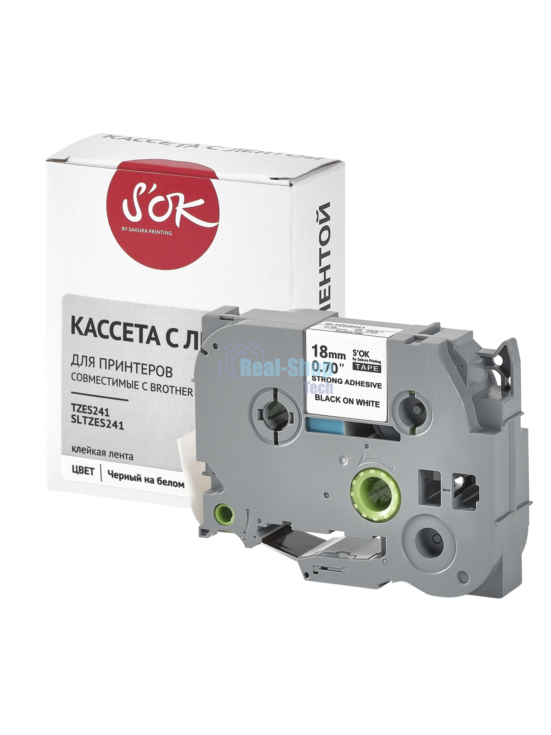 Кассета с лентой S'OK by Sakura Printing TZES241 для Brother, черный на белом, 18мм/8м, наклейка