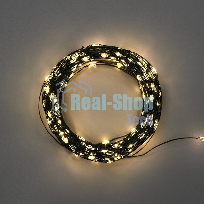 Гирлянда Роса с контроллером 30м, 300LED, IP20, 230В, зеленый провод, теплое белое свечение 