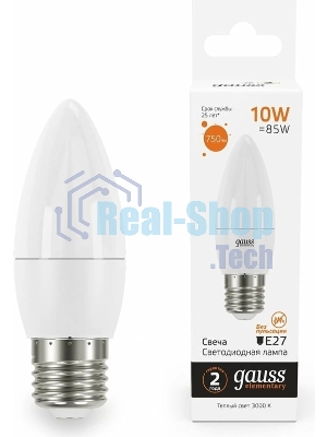 Лампа cветодиодная Gauss Elementary Свеча 10W 750lm 3000K E27 LED