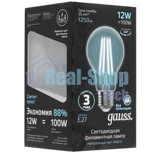 Лампа cветодиодная Gauss Filament А60 12W 1250lm 4100К Е27 LED 1/10/40