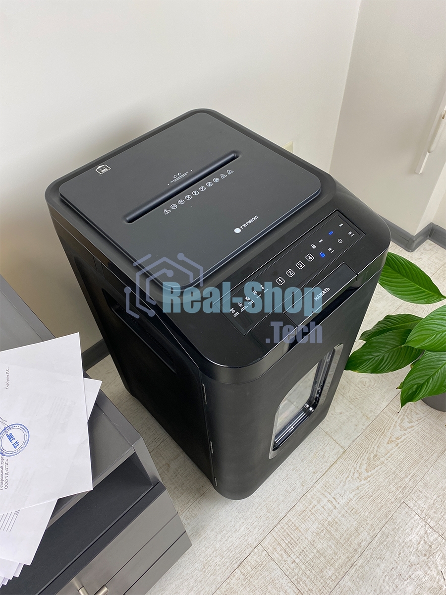 Шредер Heleos АП55-4 черный с автоподачей (секр.P-4) фрагменты 400лист. 55лтр. скрепки скобы пл.карты