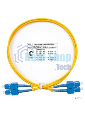 Комм. шнур оптический Cabeus Tight Buffer, Duplex SC/SC, OS2 9/125, LSZH, 1м, Ø 2мм, синий хвостовик, желтый