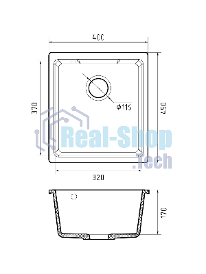 Мойка GRANFEST URBAN 4540 подстольный монтаж 1-чаша 450x400мм, монтаж: универсальный, материал: кварц, черный