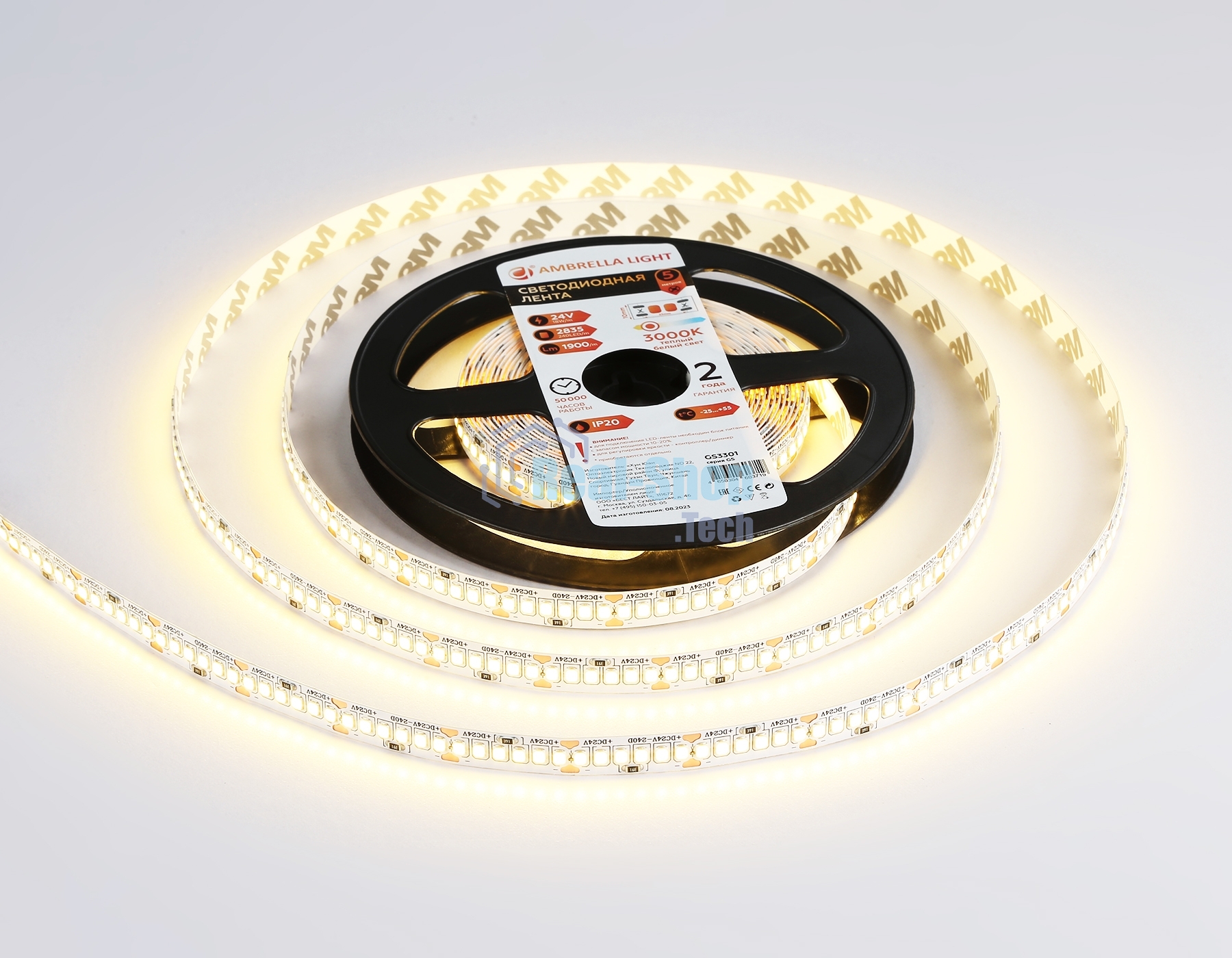 Светодиодная лента Ambrella light GS3301 2835 240Led/ 18W m/ 24V IP20 3000K/ 5000*10*1.2mm (2 конт.)