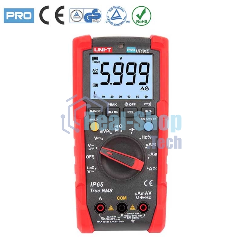 Напряжение постоянного/переменного тока (600 В); постоянный/переменный ток (20А); Сопротивление (60 МОм); Емкость (60 мФ); Частота (1 МГц)