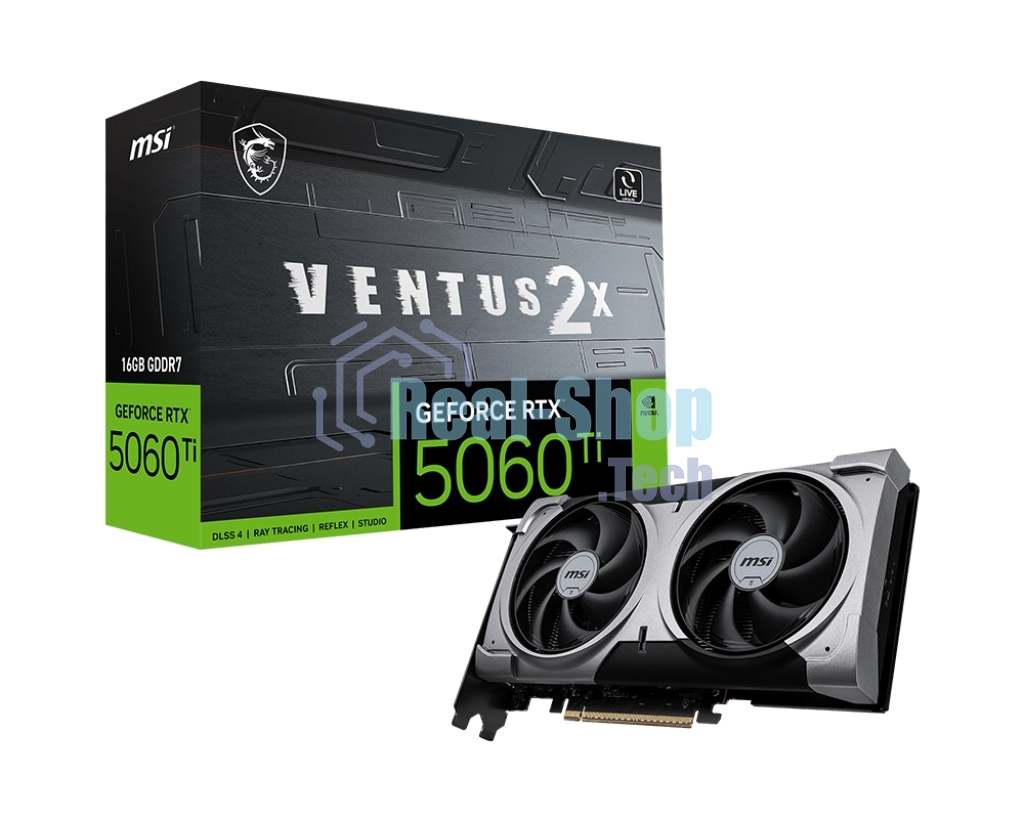 Видеокарта MSI RTX 5060 Ti VENTUS 2X OC PLUS, NVIDIA RTX 5060 Ti, 16 ГБ GDDR7, 128 бит, PCI-e 5.0, 1xHDMI, 3xDP, 2602 МГц
