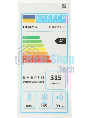 Холодильник Hitachi R-V660PUC7-1 BSL серебристый бриллиант двухкамерный инвертер 405/145л морозилка сверху, No Frost