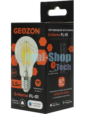 Умная LED лампа филамент GEOZON/E27/A60/5.5W/2200K-5500K/Wi-Fi/AC 220-250В, 50/60Гц/500lm/transparent GSH-SLF01