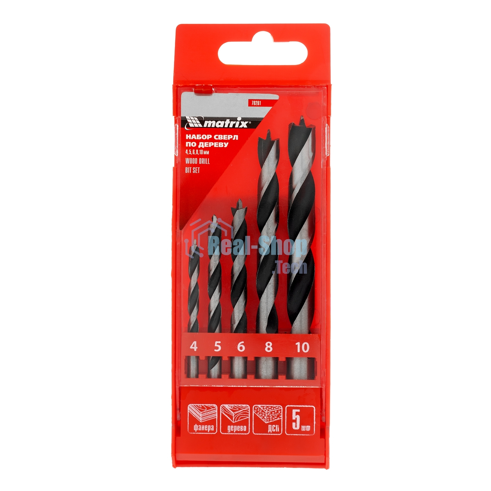 Набор сверл Matrix по дереву, 4-5-6-8-10 мм 5шт цилиндр, хвостовик, пластиковый