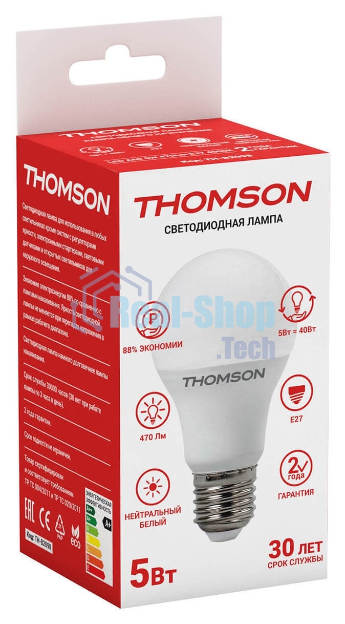 Лампа cветодиодная LED Thomson TH-B2098 E27, груша, 5Вт, 4000К, белый нейтральный, 1 шт.