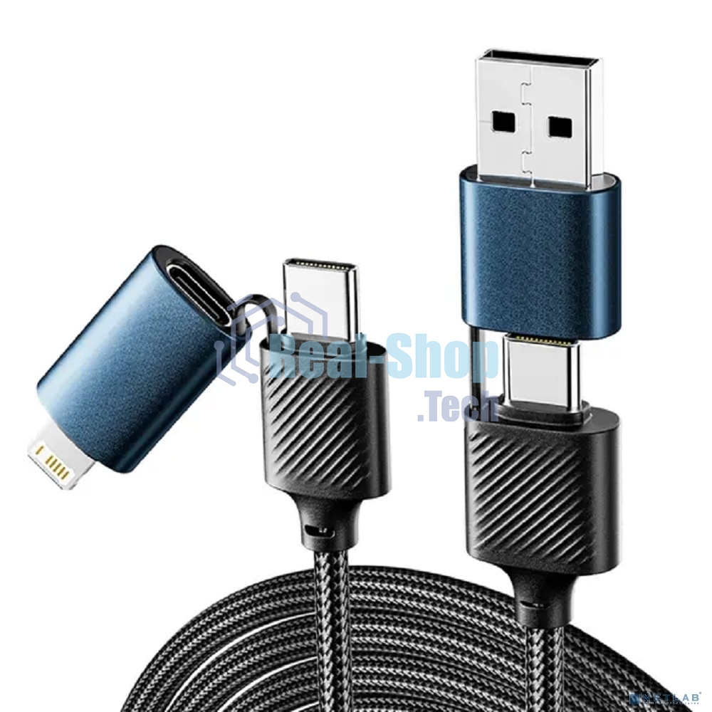 Кабель Rexant 4в1 USB-A, Type-C, Type-C, Lightning 65Вт, 1м, в черной нейлоновой оплетке