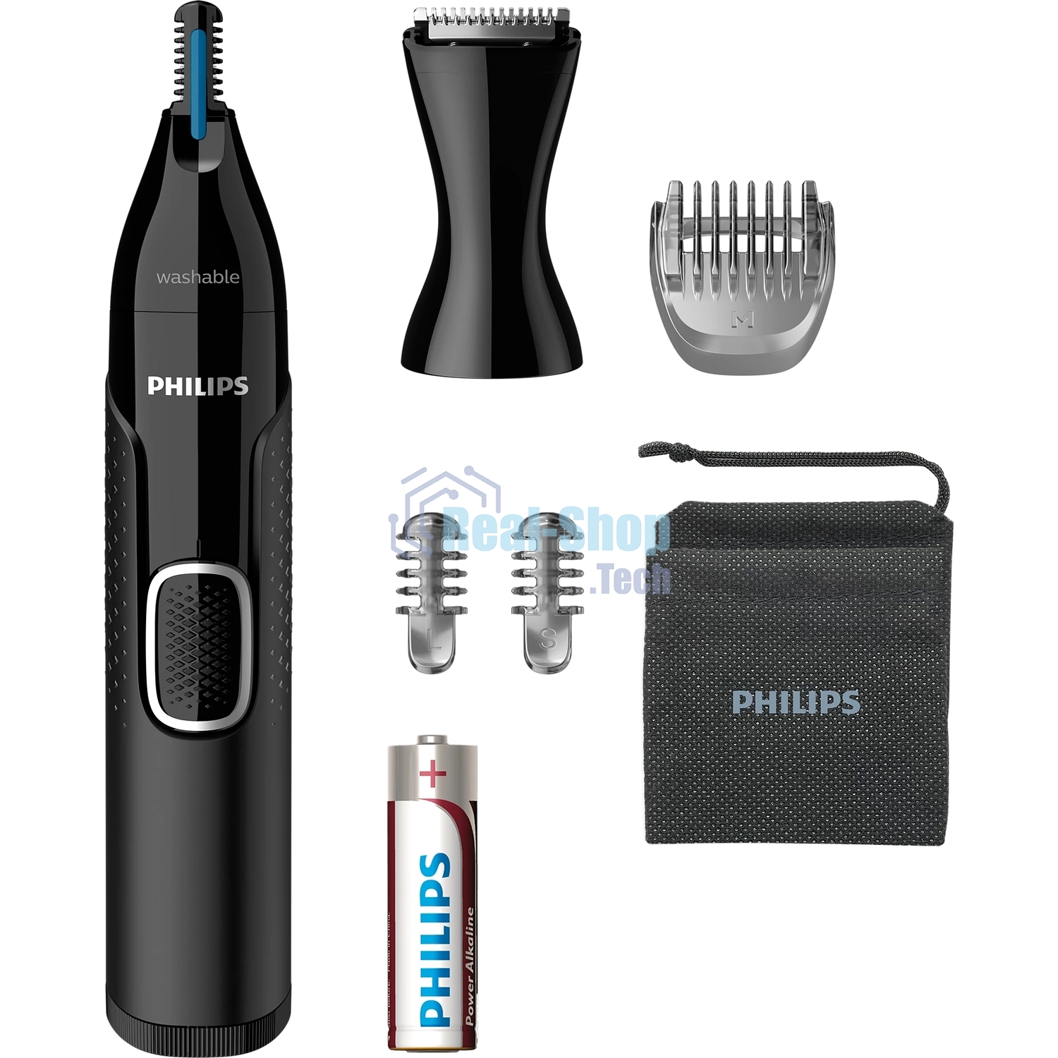 Триммер Philips для носа и ушей, черный, корпус - пластик, 3 насадки-гребня, насадка - триммер, щеточка для очистки, мягкий чехол, батарейка