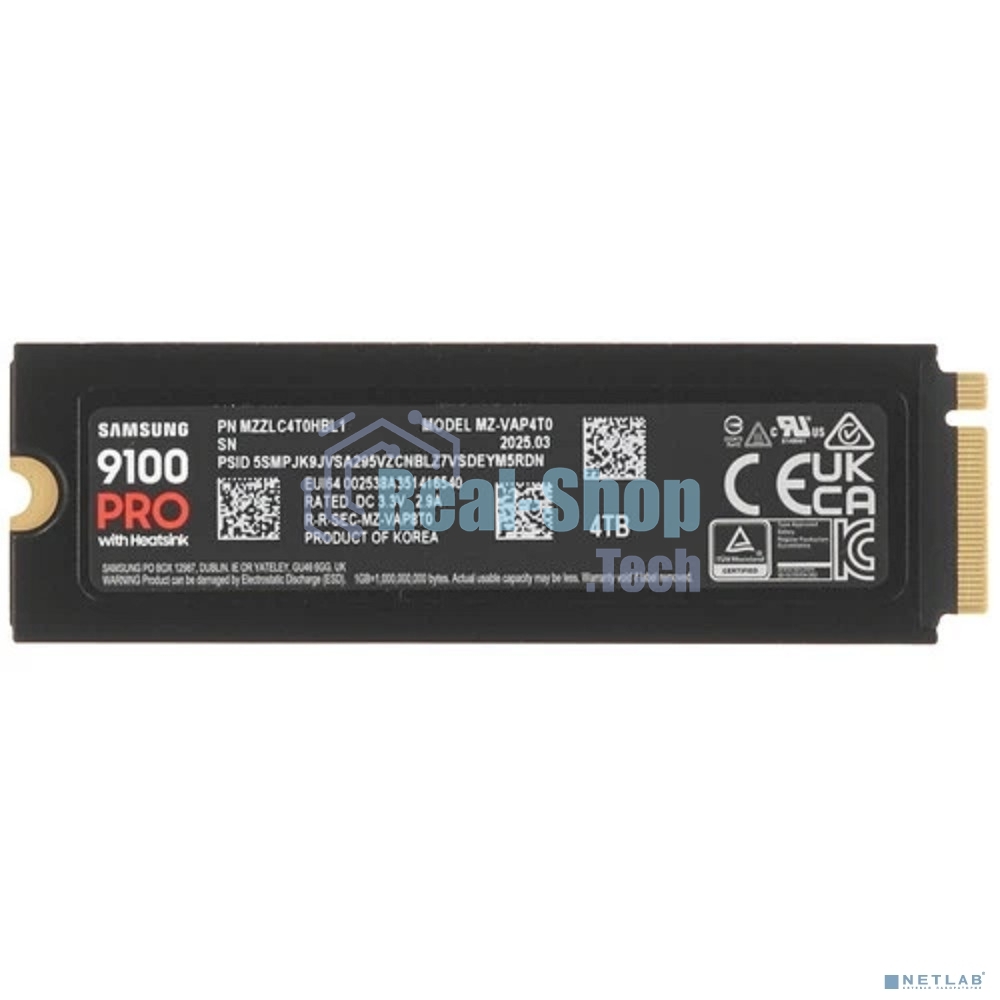 Накопитель SSD 4Tb Samsung 9100 PRO, M.2, PCI-E 5.0 x4, TLC 3D NAND R/W - 14800/13400 Mb/s с радиатором
