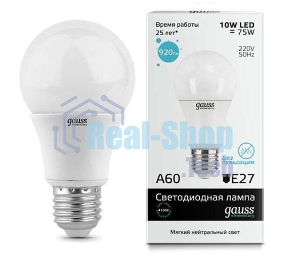 Лампа светодиодная Gauss Elementary 23220LED A60 E27 10W 4100K 1/40