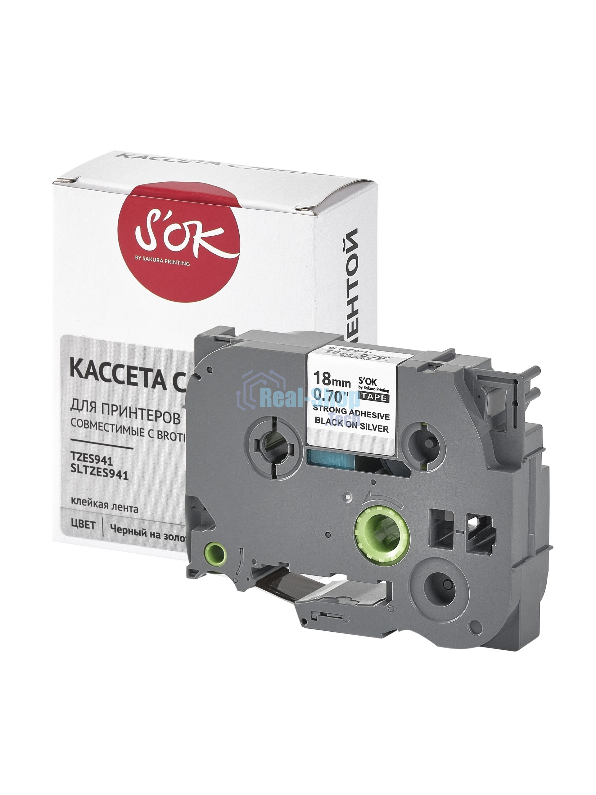 Кассета с лентой S'OK by Sakura Printing TZES941 для Brother, черный на серебре, 18мм/8м, наклейка