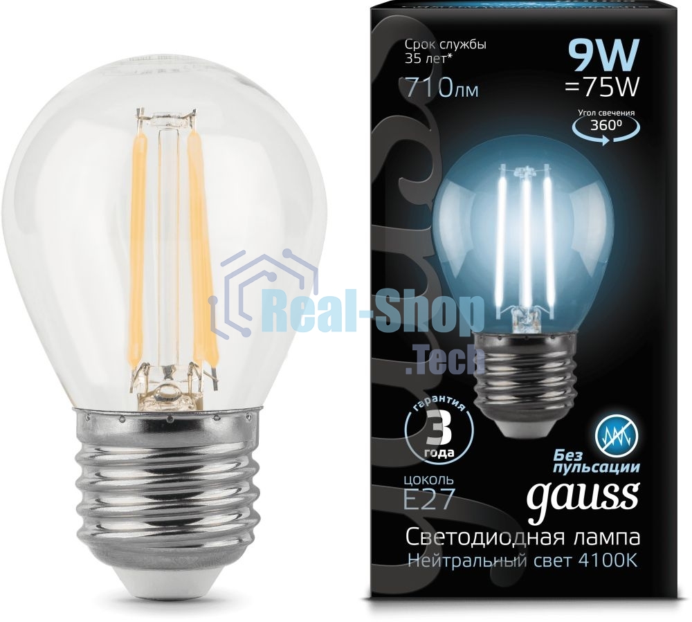 Лампа светодиодная Filament Шар E27 9Вт 4100К Gauss 105802209