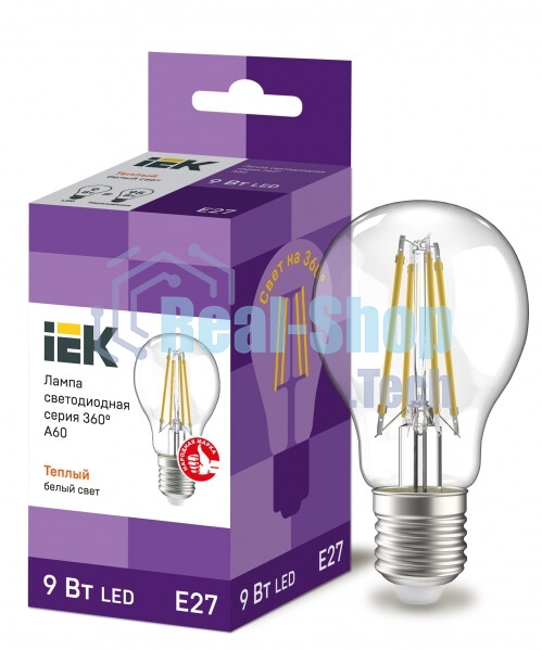 Лампа cветодиодная LED A60 IEK LLF-A60-9-230-30-E27-CL шар прозр. 9Вт 230В 3000К E27 серия 360°