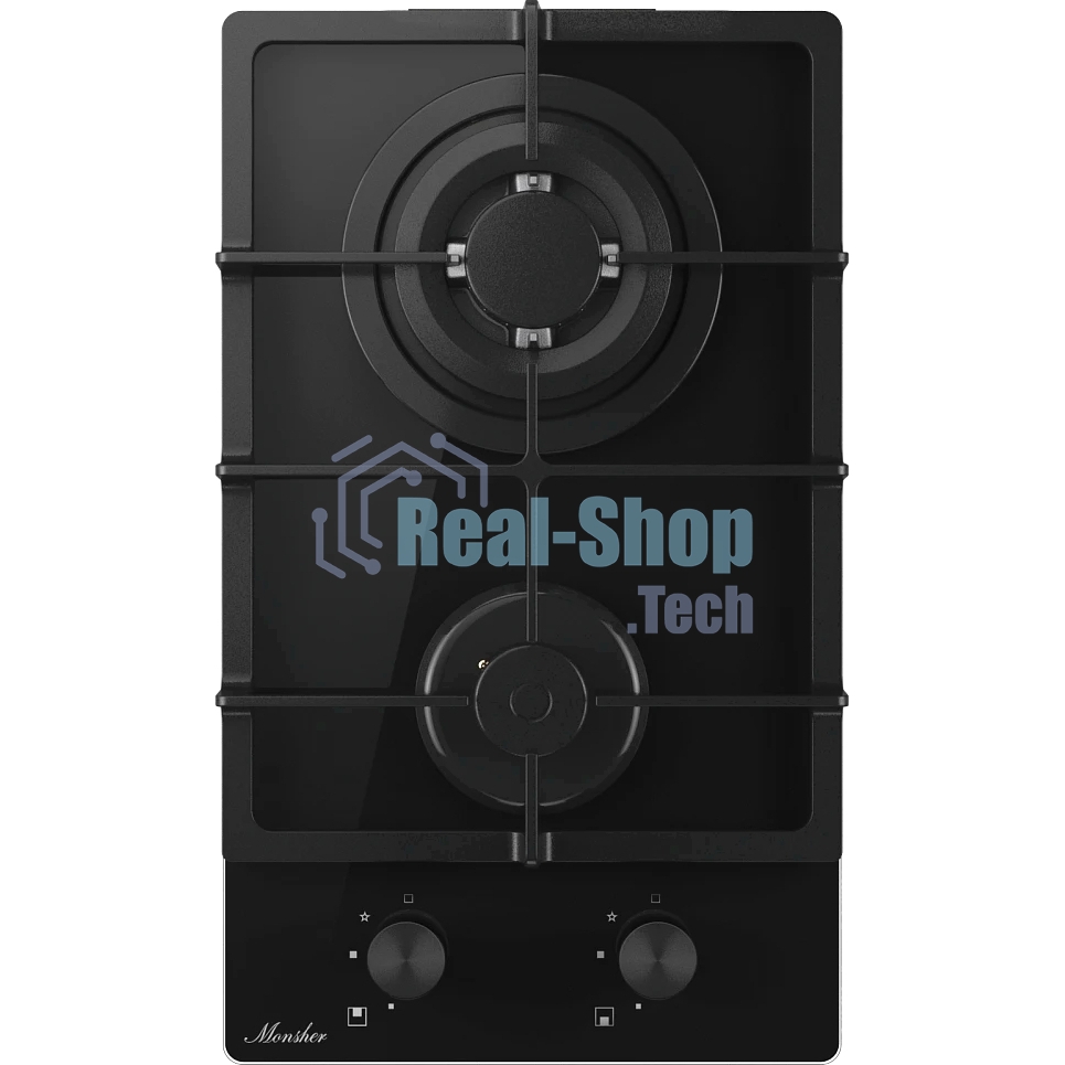 Газовая варочная панель MONSHER MGG 33 NoirR, газ, High-Tech, 30 см, автоматический электроподжиг, газ-контроль, форсунки под сжиженый газ, SABAF конфорки, чугунные решетки, черный