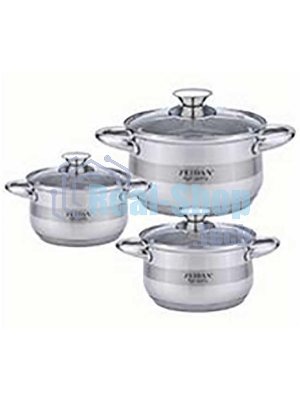 Набор посуды Zeidan Z-50632 6 предм.: кастрюля с/кр 2,0 л (16 см), кастрюля с/кр 3,0 л (18 см), кастрюля с/кр 4,0 л (20 см), нержавеющая сталь, комбинированная полировка снаружи, зеркальная полировка внутри, шкала литража, крышки - стекло, 5-ти СТЕПОВОЕ К