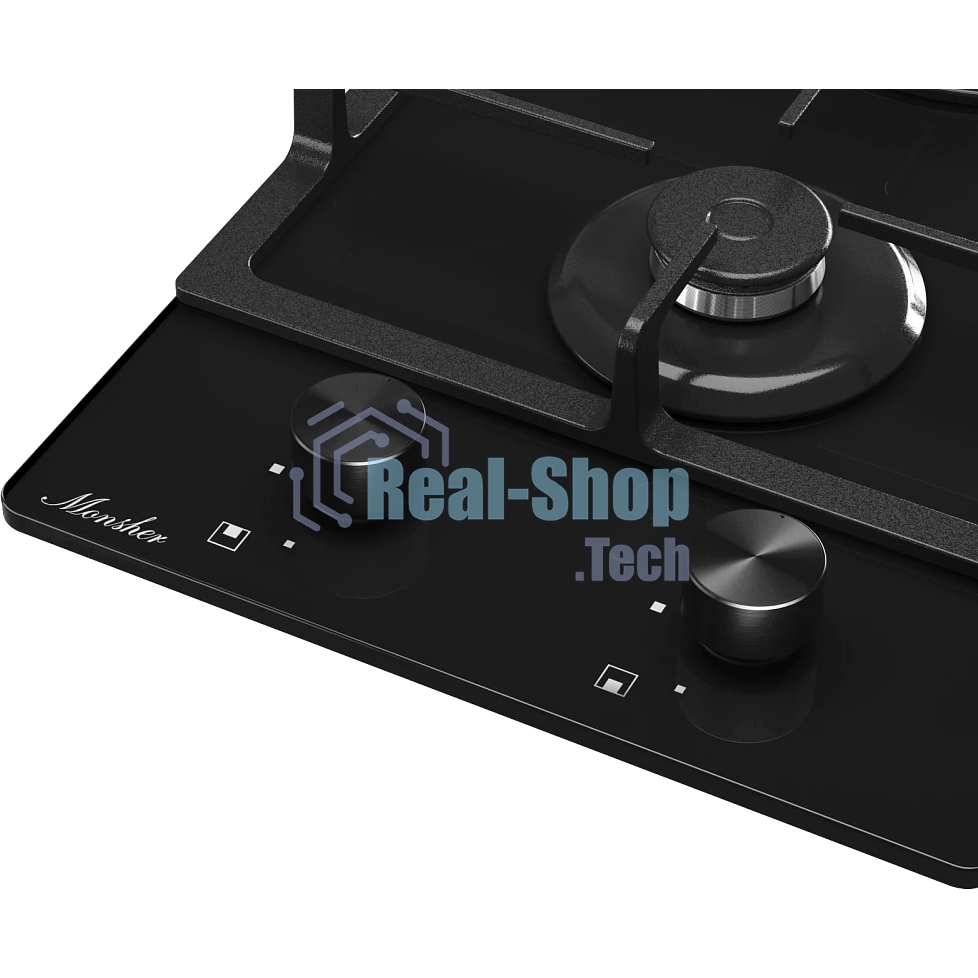Газовая варочная панель MONSHER MGG 33 NoirR, газ, High-Tech, 30 см, автоматический электроподжиг, газ-контроль, форсунки под сжиженый газ, SABAF конфорки, чугунные решетки, черный