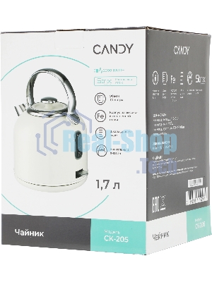 Чайник электрический Candy CK-205 слоновая кость, 1.7 л, 2200 Вт, скрытый нагревательный элемент
