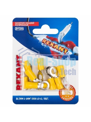 Наконечник кольцевой Rexant изолированный, ø6.5мм, 4-6мм², НКи 6.0-6/НКи5,5-6/RV5.5-6, желтый, в упак. 10 шт.