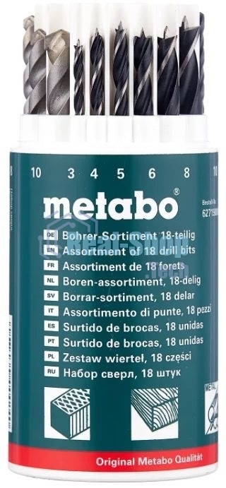 Набор 18 сверел Metabo 627190000 (камень,мет,дер 3-10 мм) пласт.кор