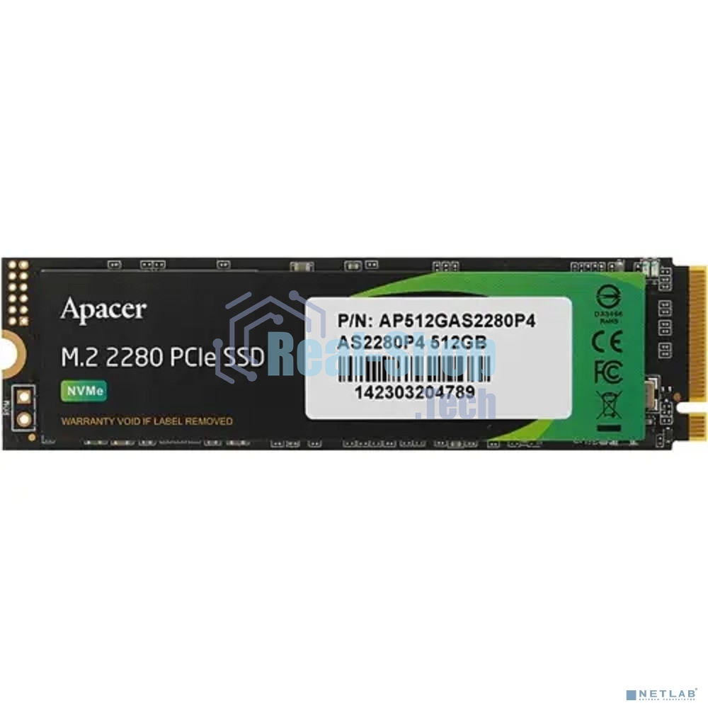 Накопитель SSD Apacer AS2280P4, 512Gb, M.2 2280, PCIe 3.0 x4, NVMe, R/W 2100/1500