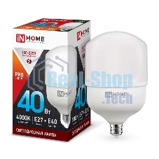 Лампа светодиодная LED-HP-PRO 40Вт 230В 4000К E27 3600лм с адаптером IN HOME 4690612031095 Лампа светодиодная LED-HP-PRO 40Вт 230В 4000К E27 3600лм с адаптером IN HOME 4690612031095