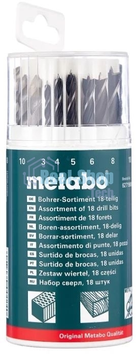Набор 18 сверел Metabo 627190000 (камень,мет,дер 3-10 мм) пласт.кор