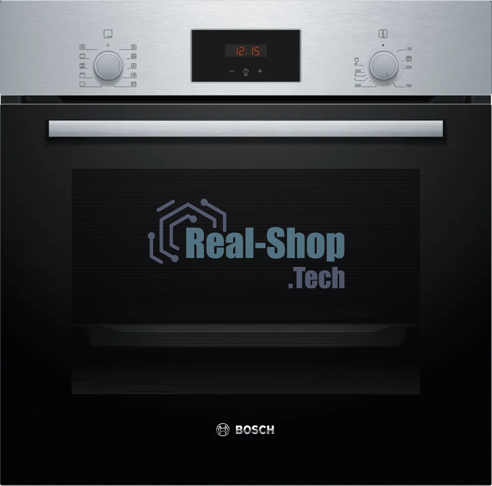 Духовой шкаф Bosch HBF512BS1T Serie 2, нержавеющая сталь, класс энергоэффективности А, 7 режимов, 3-х слойное остекление, LED-дисплей, утапливаемые переключатели, галогенное освещение, проволочные направляющие, сделано в Турции,