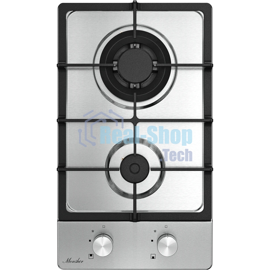 Варочная поверхность MONSHER MSG 33 Acier, газ, High-Tech, 29 см, автоматический электроподжиг, газ-контроль, форсунки под сжиженый газ, SABAF конфорки, чугунные решетки, нержавеющая сталь