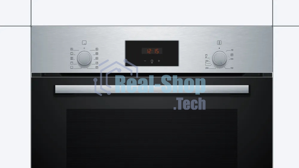 Духовой шкаф Bosch HBF512BS1T Serie 2, нержавеющая сталь, класс энергоэффективности А, 7 режимов, 3-х слойное остекление, LED-дисплей, утапливаемые переключатели, галогенное освещение, проволочные направляющие, сделано в Турции,