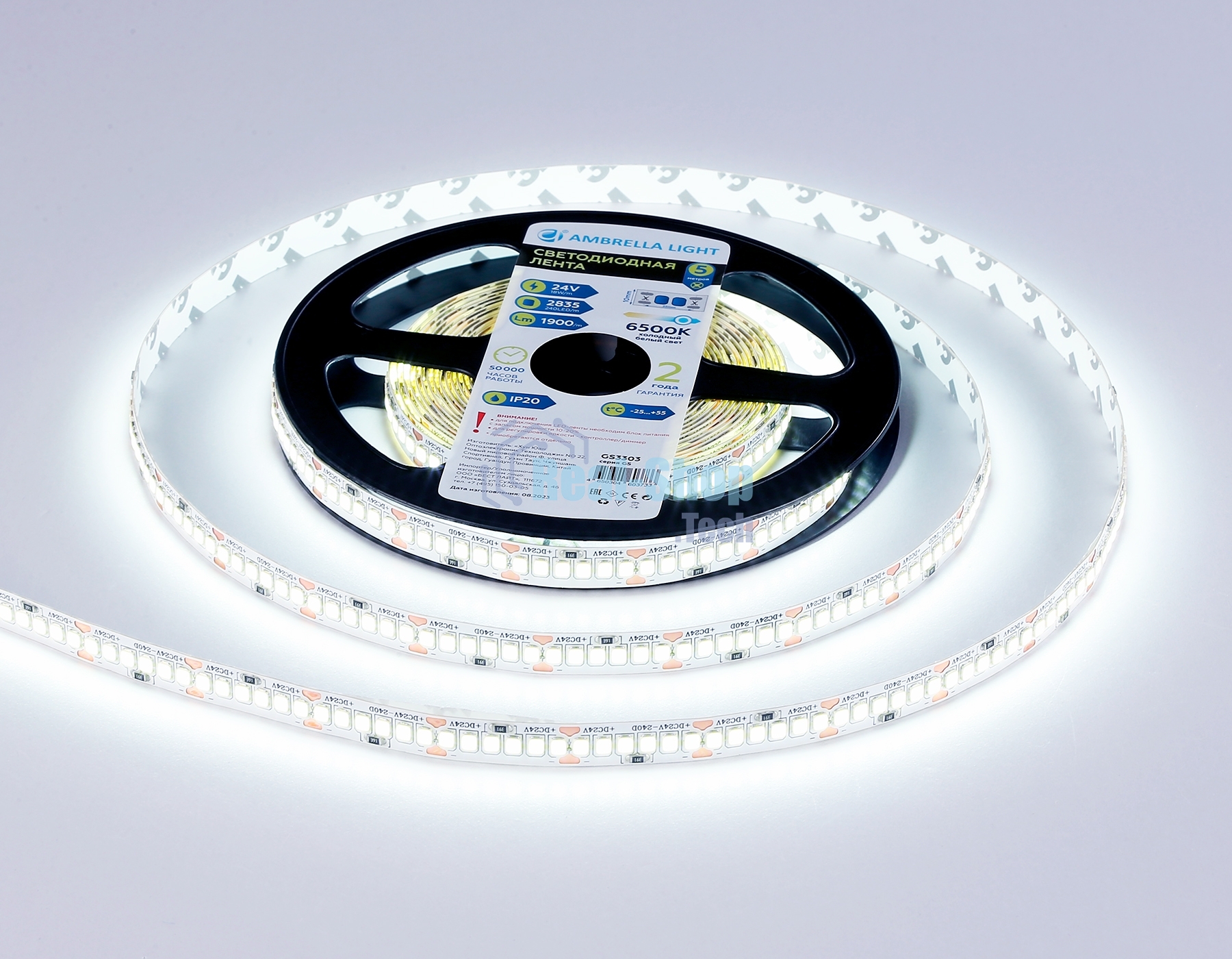 Светодиодная лента Ambrella light GS3303 2835 240Led/ 18W m/ 24V IP20 6500K/ 5000*10*1.2mm (2 конт.)