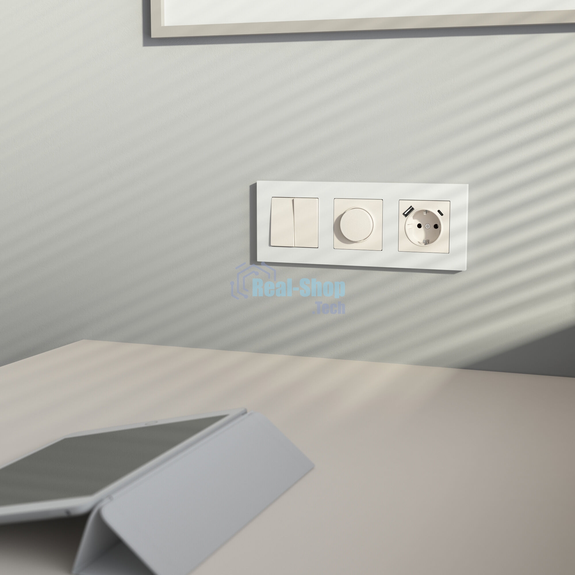 Розетка с заземлением, шторками и USB тип A+C (айвори матовый)