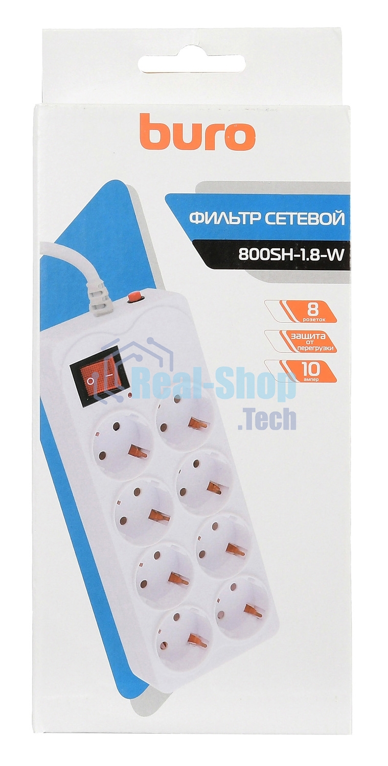 Сетевой фильтр Buro 800SH-1.8-W 1.8 м (8 розеток) белый (коробка)