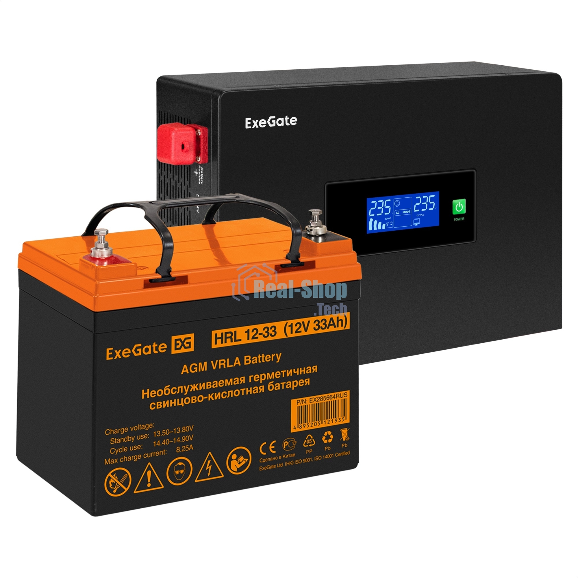Комплект Источник бесперебойного питания EX295992RUS + батарея 33Aч EX285664RUS 1шт (инвертор, синус, для котла, PF=1, настенный) ExeGate IdealSine SR-600.LCD.2SH <600VA/600W, чистая синусоида, цветной LCD-дисплей, 2*Schuko, крепление настенное, Black> + батарея ExeGate HRL 12-33 (12В, 33Ач) 1шт
