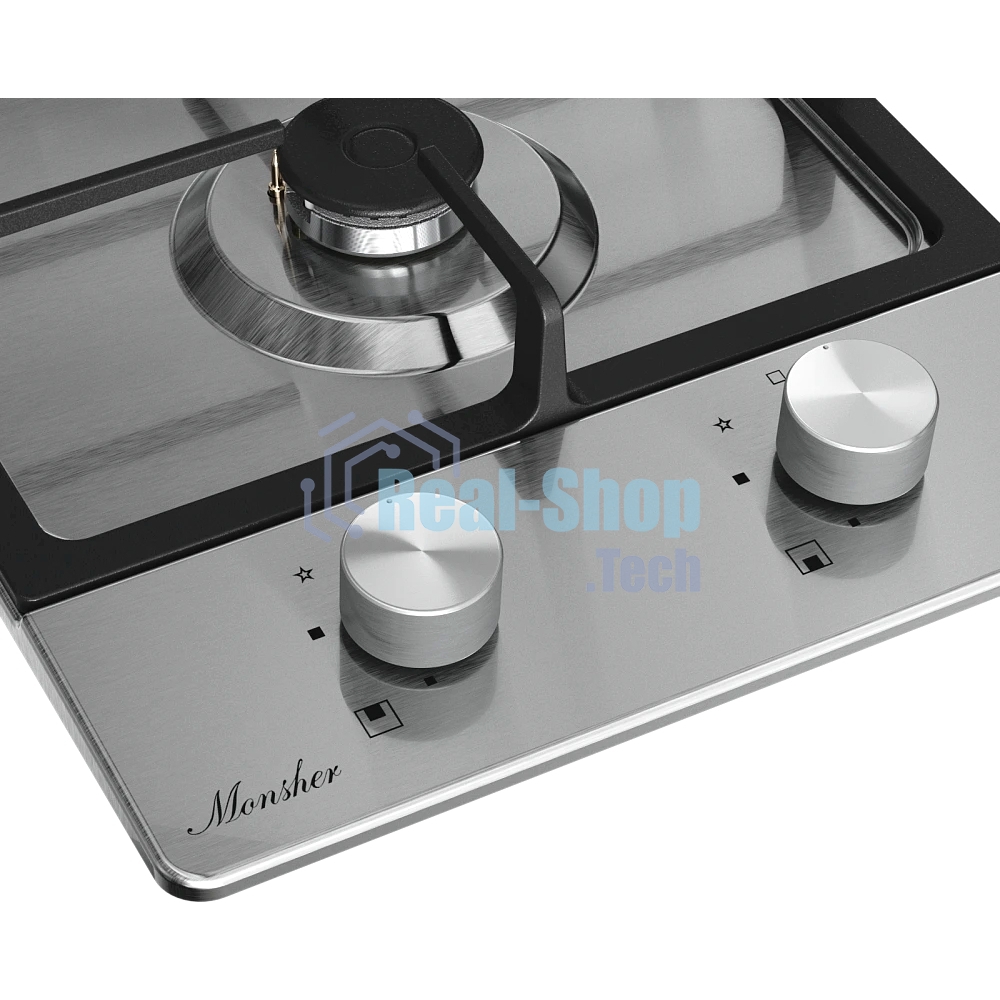 Варочная поверхность MONSHER MSG 33 Acier, газ, High-Tech, 29 см, автоматический электроподжиг, газ-контроль, форсунки под сжиженый газ, SABAF конфорки, чугунные решетки, нержавеющая сталь