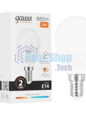 Лампа светодиодная Gauss Elementary 12Вт цок.: E14 шар 220B 3000K св. свеч. бел. теп. (упак.: 10 шт) (53112)