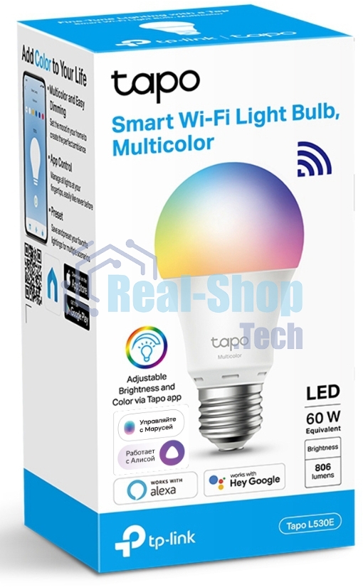 Умная многоцветная Wi‑Fi лампа Tapo Smart WiFi Bulb, A60 size，E27 base, 9.5W, 16 million colors, 2000k-6500k tunable white, 800 lumens brightness and diммable, 802.11b/g/n 2.4G WiFi connection, work with 200-240 V, 50/60 Hz power voltage and frequency, wo